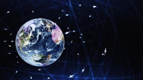 Internet connection by satellites. 3D earth digital connected network background Stock Illustration