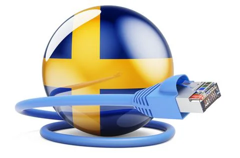 Internet connection in Sweden. Lan cable with Swedish flag, 3D rendering Stock Illustration