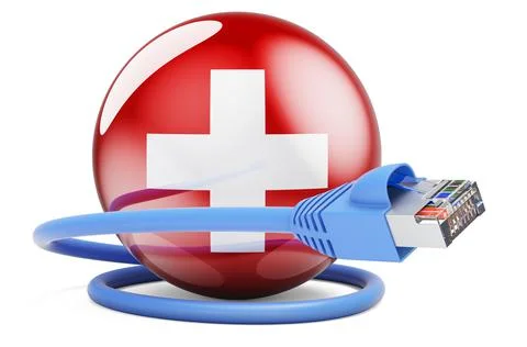 Internet connection in Switzerland. Lan cable with Swiss flag, 3D rendering Stock Illustration