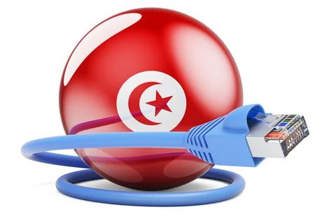 Internet connection in Tunisia. Lan cable with Tunisian flag, 3D rendering Stock Illustration