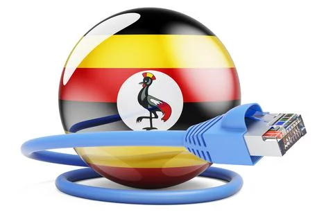 Internet connection in Uganda. Lan cable with Ugandan flag, 3D rendering Stock Illustration