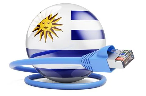 Internet connection in Uruguay. Lan cable with Uruguayan flag, 3D rendering Stock Illustration