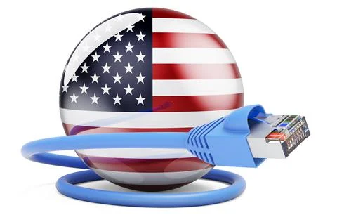 Internet connection in the USA. Lan cable with The United States flag, 3D ren Stock Illustration