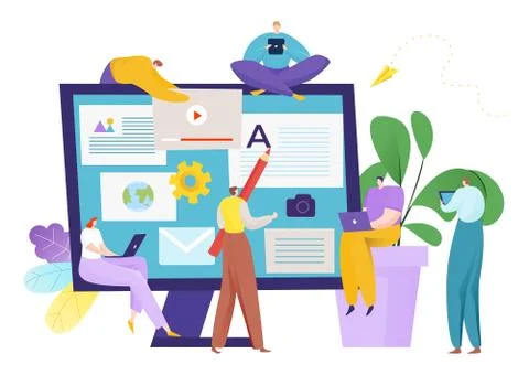 Internet content concept, vector illustration. Online flat marketing at computer Stock Illustration
