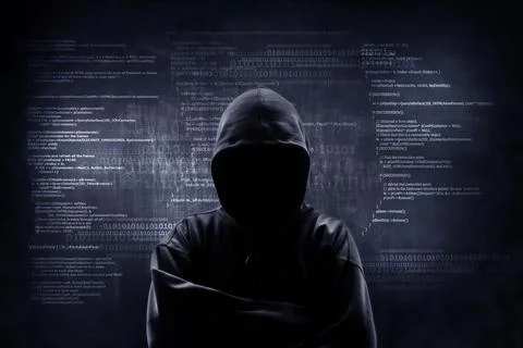 Internet crime concept. Hacker working on a code on dark digital background. Stock Illustration
