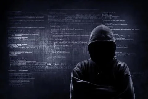 Internet crime concept. Hacker working on a code on dark digital background. Stock Illustration