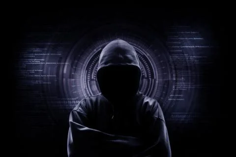 Internet crime concept. Hacker working on a code on dark digital background.. Stock Illustration