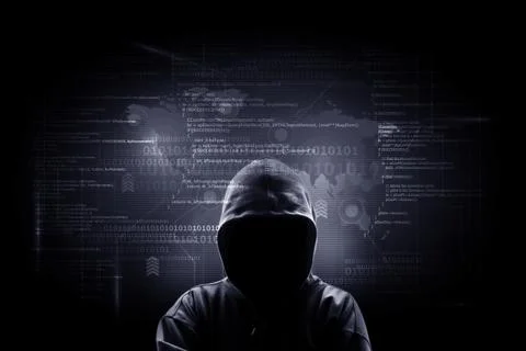 Internet crime concept. Hacker working on a code on dark digital background.. Stock-Illustration