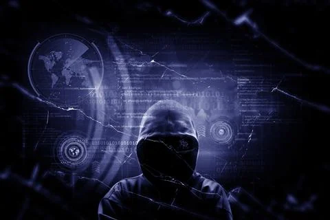 Internet crime concept. Hacker working on a code on dark digital background.. Stock-Illustration