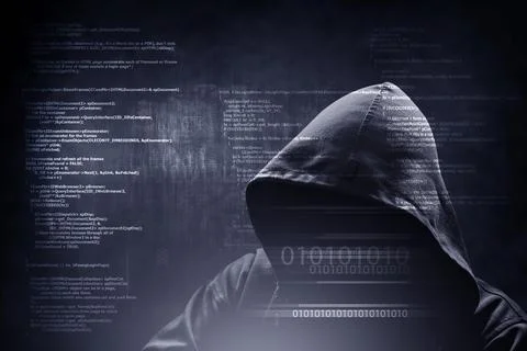 Internet crime concept. Hacker working on a code on dark digital background.. Foto stock