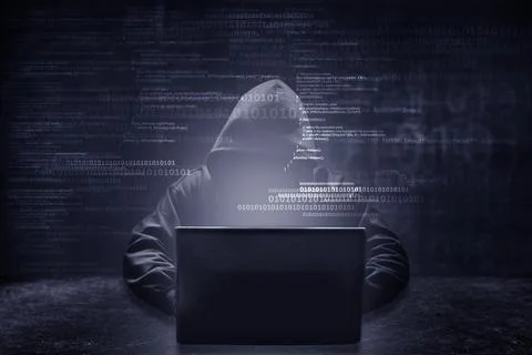 Internet crime concept. Hacker working on a code on dark digital background.. Foto stock