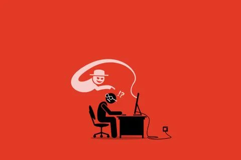 Internet Cyber Scammer Trying to Cheat an Internet User. Stock Illustration