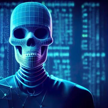 Internet danger. Skull, malicious code hacker. Digital illustration Illustrazione stock