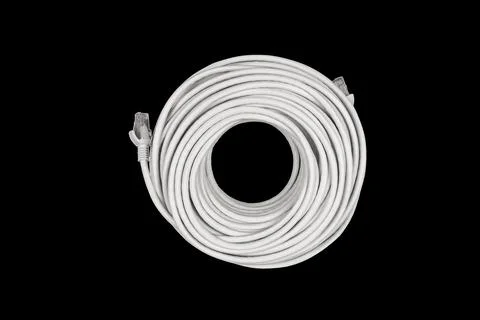 Internet data cable isolated on black background. LAN cable patch cord. Net.. Stock Photos