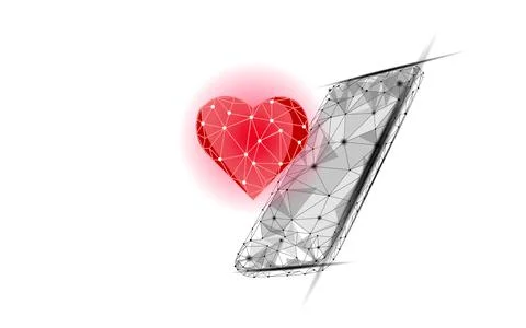 Internet dating app concept. 3D low poly smartphone romantic relationship symbol Stock Illustration
