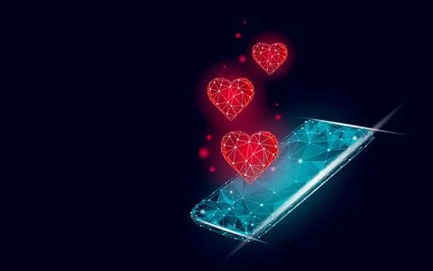 Internet dating app concept. 3D low poly smartphone romantic relationship symbol Stock Illustration