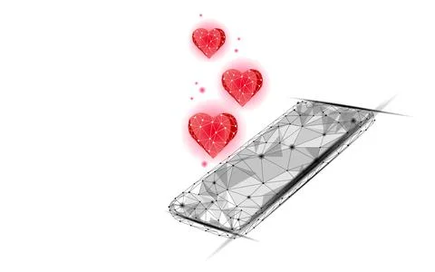 Internet dating app concept. 3D low poly smartphone romantic relationship symbol Stock-Illustration