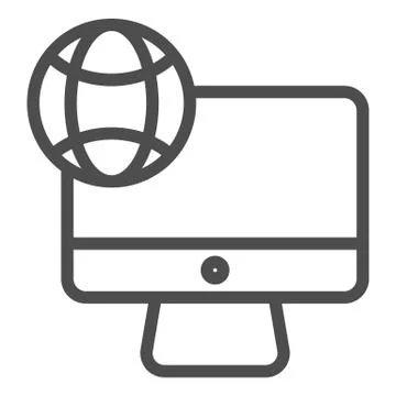Internet on desktop line icon. Computer with planet vector illustration isolated Stock Illustration