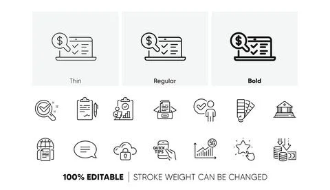 Internet documents, 5g statistics and Documents box line icons. For web app Ilustración de archivo