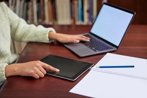 Internet Doesnt Replace the Librarian. a unrecognizable female using a laptop in Stock Photos