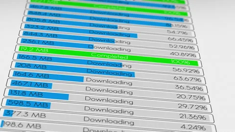 Internet download screen of multiple progress bar go from waiting to complete Stock Footage 196758785
