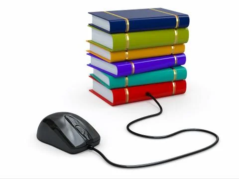 Internet education. books and computer mouse. 3d Illustrazione stock