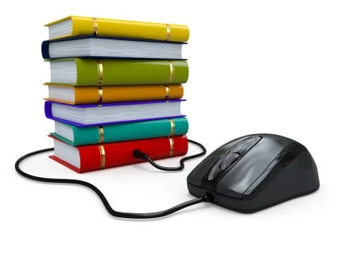 Internet education. books and computer mouse. 3d Illustrazione stock