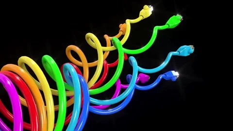 Internet ethernet color cables lan connectors rj45 on black bg able to loop Stock Footage 314633516