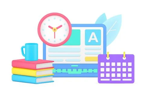 Internet exam laptop user interface with wall watch and schedule 3d icon isom イラスト素材