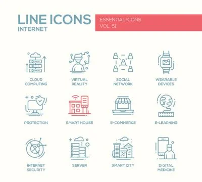 Internet - flat design line icons set Stock Illustration