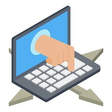 Internet fraud icon isometric vector. Hand from screen presses button and arrow 스톡 일러스트
