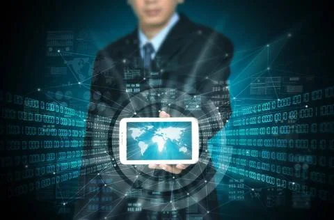  Internet gadget Businessman using smart phone or tablet to show the conce... Stock Photos