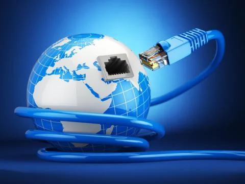 Internet global comunication concept. Earth and ethernet cable on blue backgr Illustrazione stock