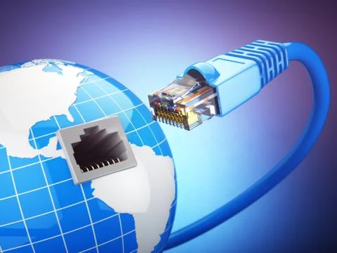 Internet global comunication concept. Earth and ethernet cable on blue backgr Stock-Illustration