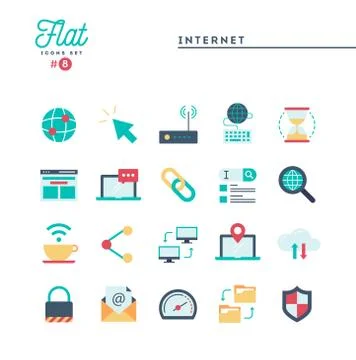 Internet, global network, cloud computing, free WiFi and more, flat icons set Illustrazione stock