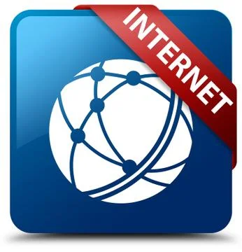 Internet (global network icon) blue square button red ribbon in corner Stock Illustration