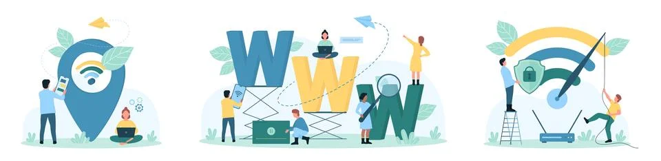 Internet, global network net, tiny people accelerate speed test, share video Illustrazione stock