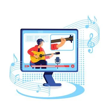 Internet guitar tutorial flat concept vector illustration Illustrazione stock