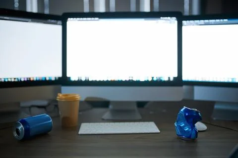 Internet hacker workplace in dark office, nobody Stock Photos
