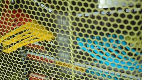 The internet hub has multiple sockets with wires of different colors connected  Stock Footage 333418676