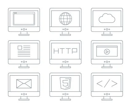 Internet icon set, simple flat grey line contour Stock Illustration