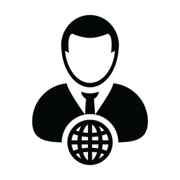 Internet icon vector globe with male person profile avatar symbol for a business Stock Illustration