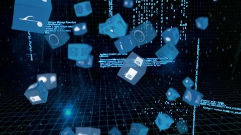Internet icons in a cube with program codes Stock Footage 110691717
