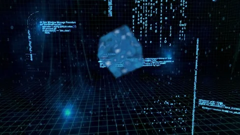 Internet icons on a cube with program codes Stock Footage 110709083