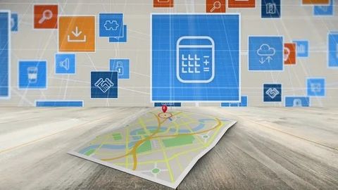 Internet icons on a google map Stock Footage 107615165