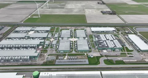 Internet infestructure. Exterioir aerial view on data centers in the dutch Stock Footage 274027845