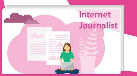 Internet journalist. A blogger is typing an article on a laptop. Stock Illustration