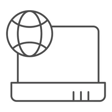 Internet on laptop thin line icon. Notebook with planet vector illustration Stock Illustration