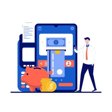 Internet mobile payment concept with character. People holding coin on smar.. Stock Illustration