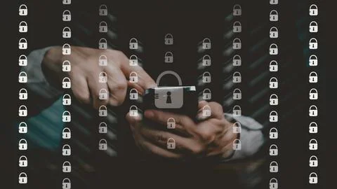 Internet network security, Business man touching on mobile phone screen with  Stock Photos